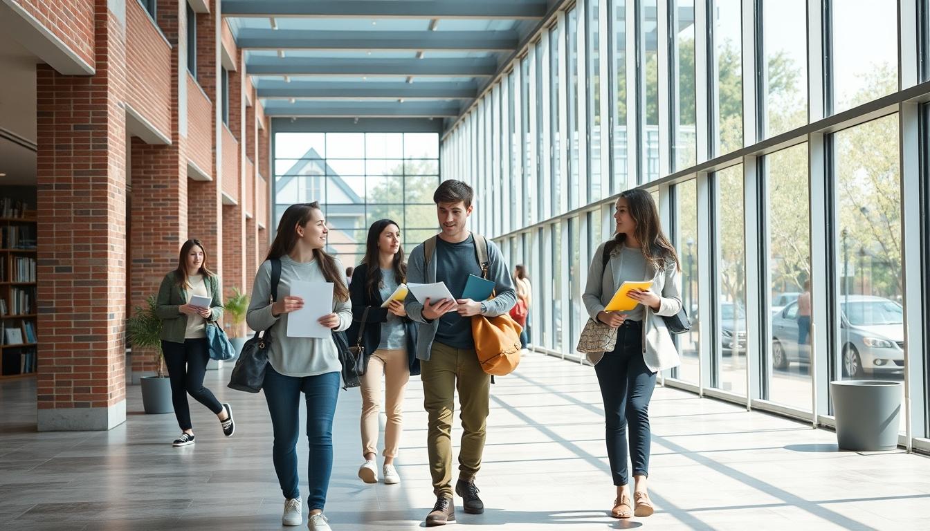 Students studying together in modern classroom